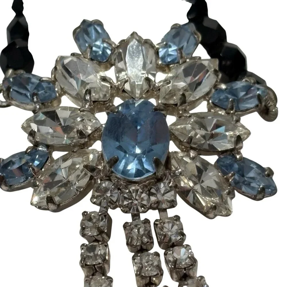 VTG Necklace Blue Black Clear Glass Faceted Bead‎ Pendant Prong Set Silver Tone